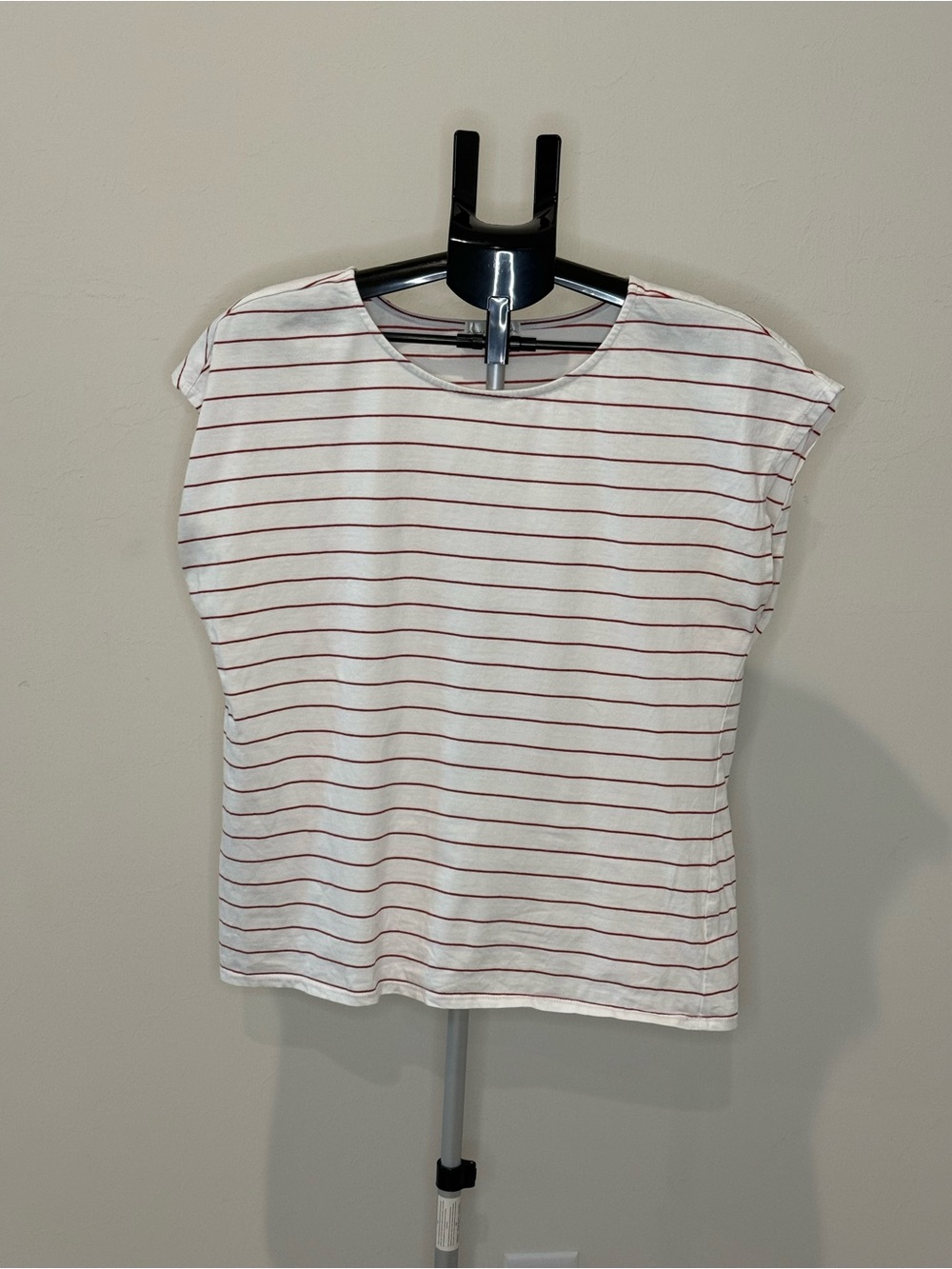 nine britton White Tee with Thin Burgundy Stripes